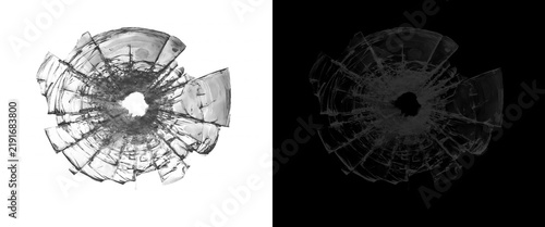 Konstfotografi Shattered glass bullet hole illustration, cracked window glass texture on white