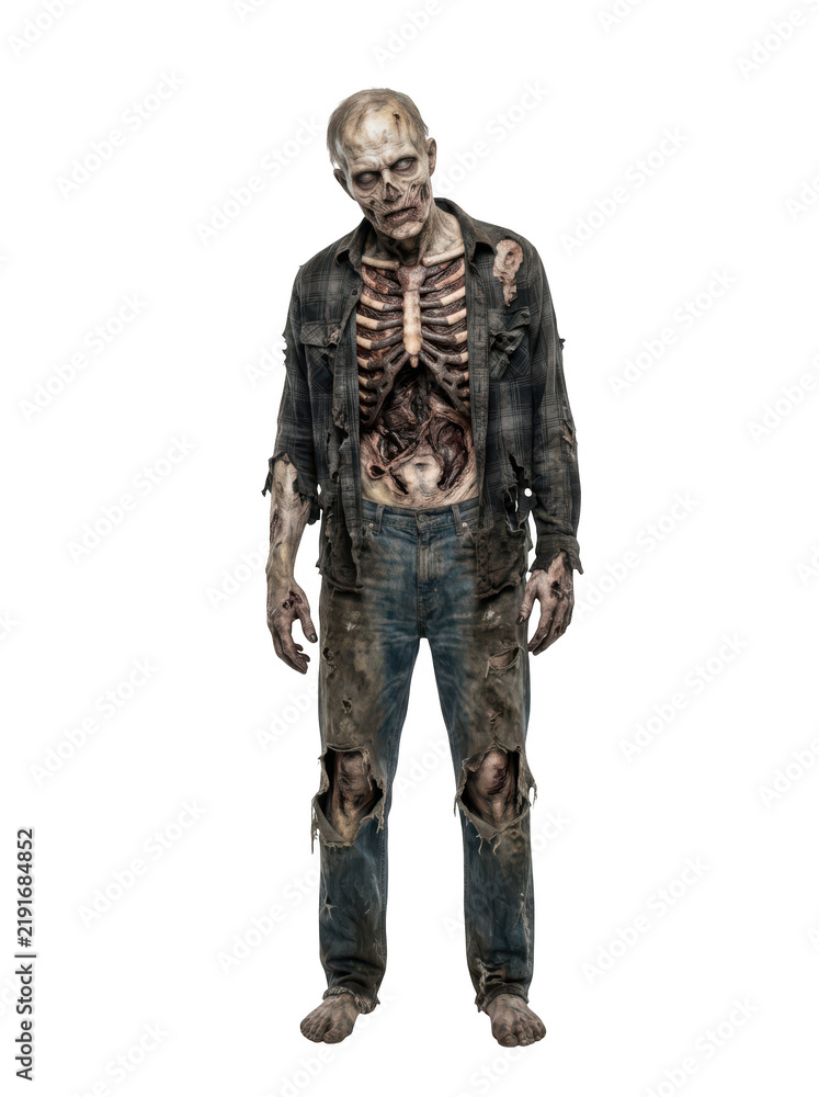 Fototapeta premium Full body shot of a terrifying zombie with exposed rib cage isolated on transparent background