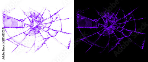 Obraz na plátně Purple shattered glass effect on black and white backgrounds, broken window text