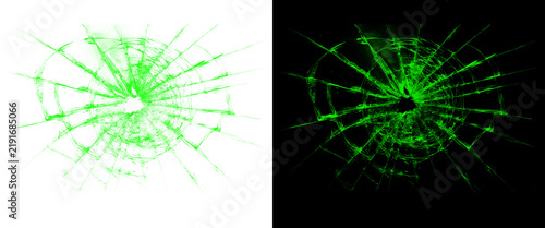 Fotografie Neon green broken glass effect, shattered screen texture with radial cracks, glo
