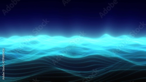 Flowing blue and cyan particle waves form a luminous digital landscape beneath a deep red gradient sky.