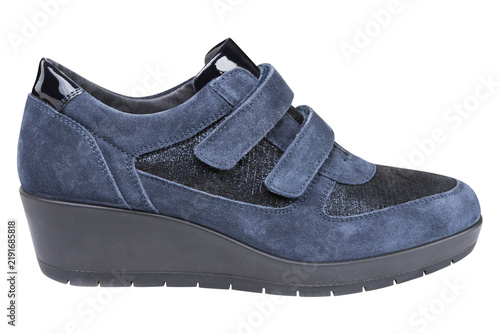 Obraz na płótnie Dark blue suede women wedge shoes with velcro straps isolated on white backgroun