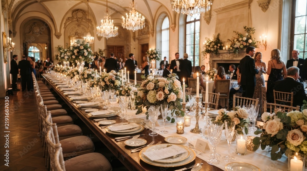 Fototapeta premium A long banquet table is set for a wedding reception in a grand, ornate hall. Guests, dressed in formal attire, are seated around the table, enjoying a meal.