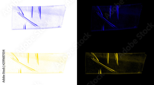 Transparent adhesive tape strips set, blue and yellow plastic scotch tape pieces, realistic sticky tape textures for digital mockups and overlays