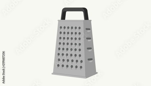 Metal kitchen cheese grater with a black plastic handle, used for slicing, shredding, and easy food preparation.
