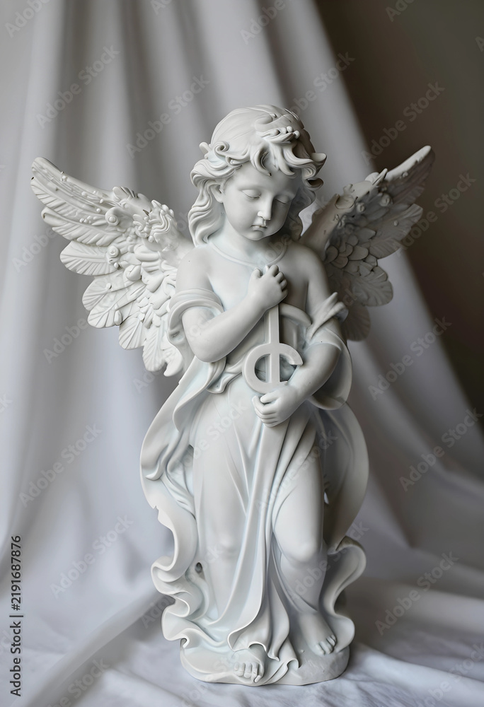 Fototapeta premium Spirituality and peace white angel statue with wings holding a cross for religious worship funeral memorial and divine grace in a church setting