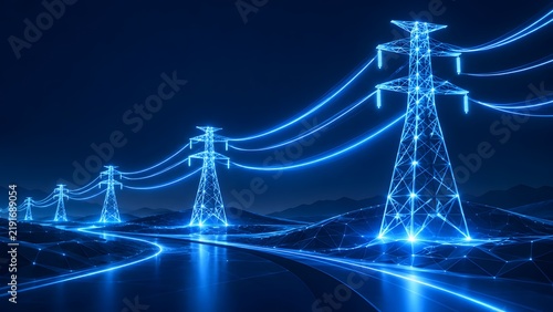 Digital power transmission towers stretching across a dark futuristic low poly landscape with glowing blue grid lines