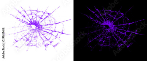 Purple shattered glass texture on white and black backgrounds, broken window pane with spiderweb cracks, bullet hole impact effect for graphic design
