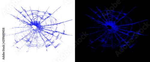 Shattered glass texture with bullet hole, blue cracked glass pattern on white and black backgrounds, broken window overlay for graphic design