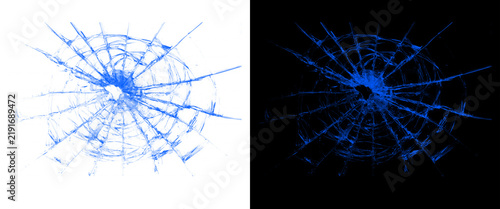 Shattered glass texture with radial cracks, blue broken window pane effect on white and black background, spiderweb fracture pattern overlay