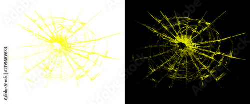 Yellow shattered glass texture on black and white backgrounds, broken window pane spiderweb cracks, bullet hole impact design elements