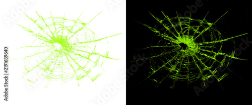 Green shattered glass texture with spiderweb cracks, broken window effect on black and white backgrounds, damaged screen overlay