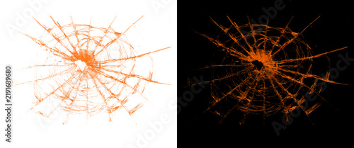 Shattered glass texture with orange cracks, broken window pane effect on white and black background, spiderweb crack pattern for graphic design