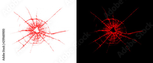 Red shattered glass texture with bullet hole, cracked window pane overlay on black and white backgrounds, broken glass effect for graphic design