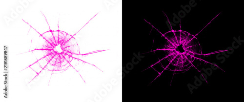 Pink shattered glass texture set, broken window bullet hole cracks on white and black background, damaged glass overlay for graphic design