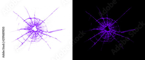 Purple shattered glass texture on white and black backgrounds, broken window bullet hole effect, cracked glass overlay for graphic design