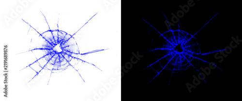 Shattered glass texture with bullet hole, blue cracked glass overlay on white and black background, broken window pane effect for design