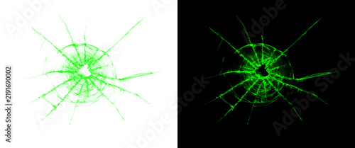 Green shattered glass texture set, broken window pane bullet hole effects, cracked glass overlays on black and white backgrounds