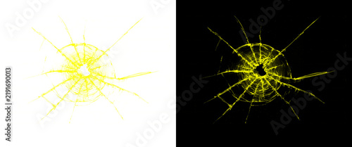 Shattered glass texture with bullet hole, yellow cracked window effect on black and white backgrounds, broken glass overlay for design