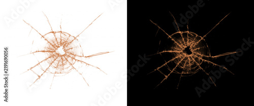 Shattered glass bullet hole texture, cracked window pane overlay on black and white backgrounds, realistic broken glass effect for photo editing