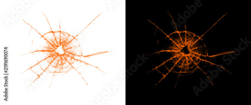 Shattered glass bullet hole texture, orange cracked window pane effect, broken glass overlay set on black and white background