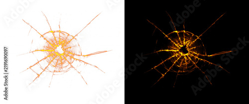 Shattered glass bullet hole with golden glowing edges, cracked glass texture on black and white backgrounds, broken window impact effect