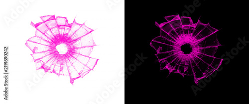 Neon pink broken glass texture, shattered window pane with bullet hole effect, cracked glass design element on black and white backgrounds