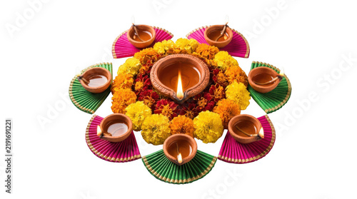 Diwali decoration with marigold flowers and lit clay diyas isolated on transparent background