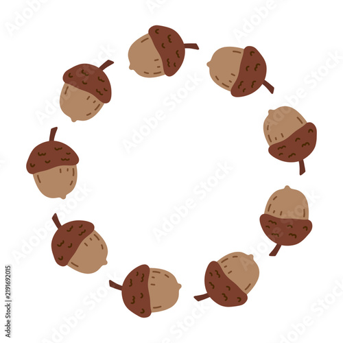 Botanical wreath with acorns isolated on a white background. Round frame with a natural theme. Vector hand-drawn flat illustration. Perfect for cards, invitations, decorations, autumn design.