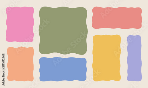 Wavy text box and frame set in soft pastel colors, featuring hand-drawn irregular organic shapes for text, labels, banners, quotes, and creative design. Vector abstract elements.