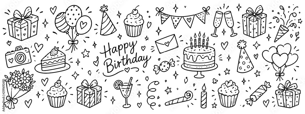 Fototapeta premium Hand Drawn Birthday Party Doodle Collection, Blue Line Art Celebration Illustration