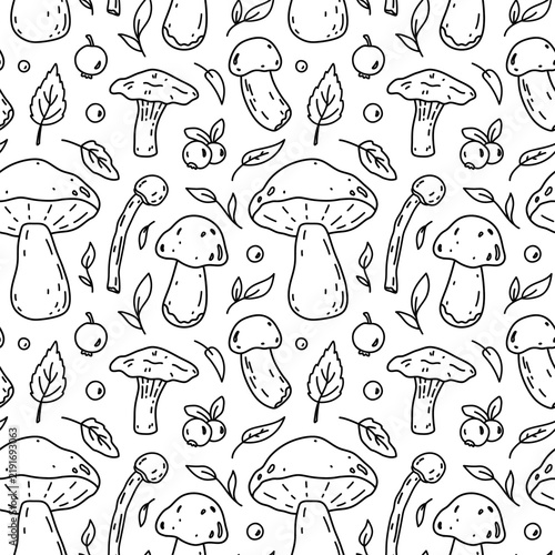 Hand-drawn seamless pattern with wild mushrooms, leaves, berries and botanical elements in black and white. Cute woodland design for fabric, wallpaper and stationery.