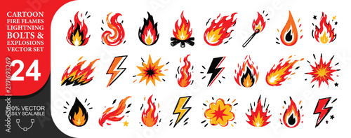 Cartoon fire flames lightning bolts and explosion vector set with twenty four vibrant comic elements on transparent background for games and animations.
