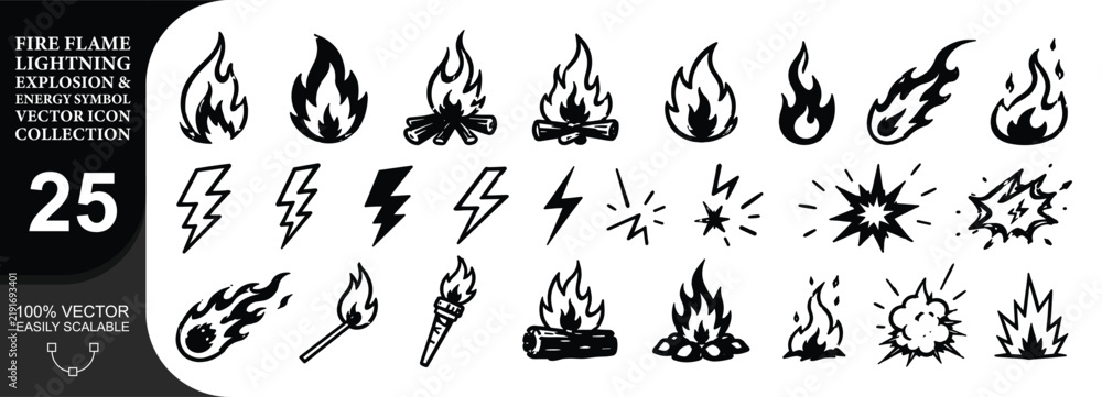 Obraz premium Fire flame lightning explosion and energy symbols collection featuring bold black monochromatic silhouettes for dramatic impact effects and dynamic graphic projects.