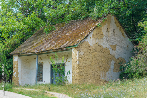Konstfotografi Old abandoned rural mudbrick house with peeling plaster and tile roof surrounded