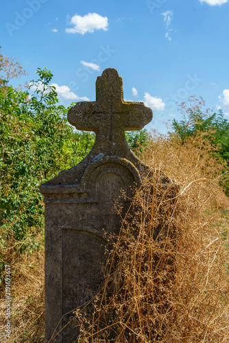 Fotografie Old carved stone cross and tombstone overgrown with dry vegetation under blue sk
