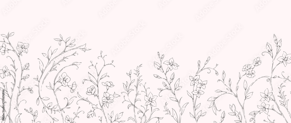 Obraz premium Floral whimsical rococo background. Vintage flowers and botanical calligraphy for packaging, wedding greeting card