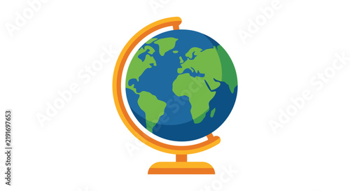 A colorful globe on a stand is depicted in a flat vector illustration