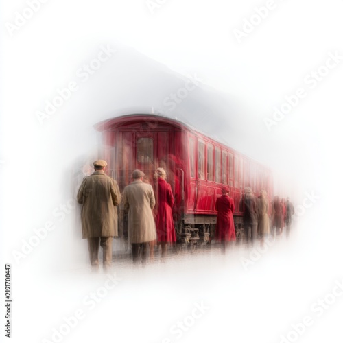 Vintage Train Station Scene with Passengers in Motion and Blurred Background Effect