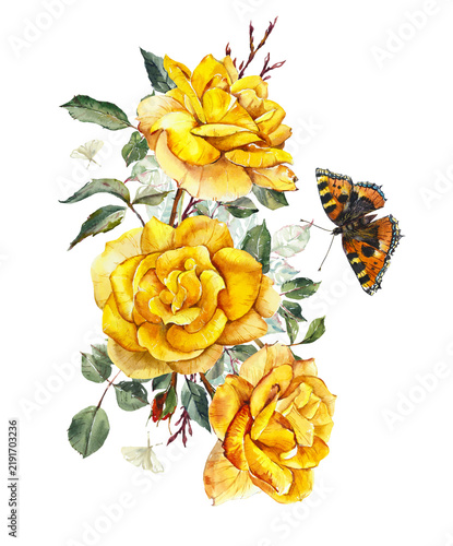Pattern from yellow rose. Wedding drawings. Watercolor painting. Greeting cards. Flower backdrop.