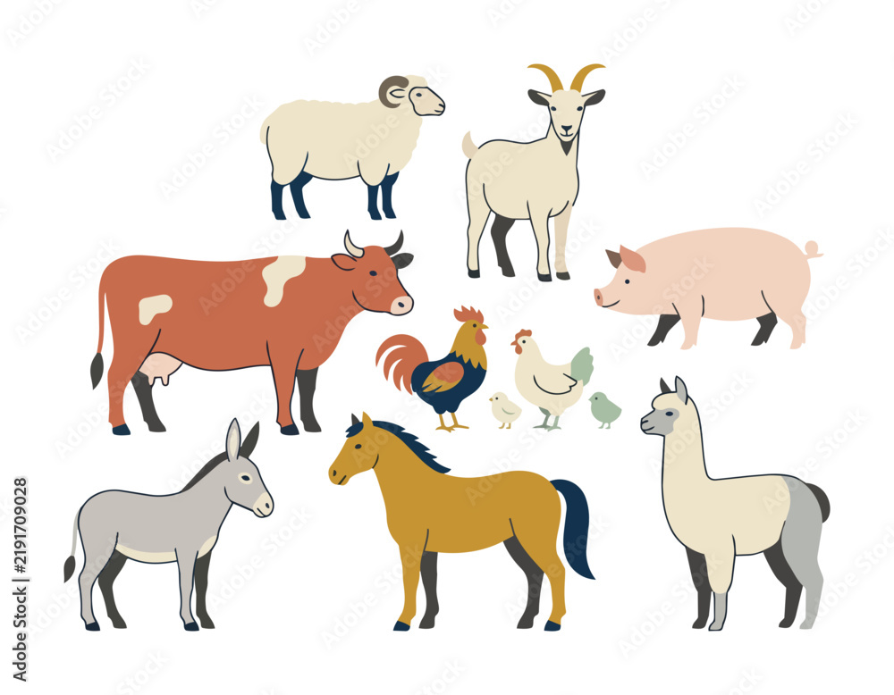 Fototapeta premium A collection of cute farm animals in a vector illustration.