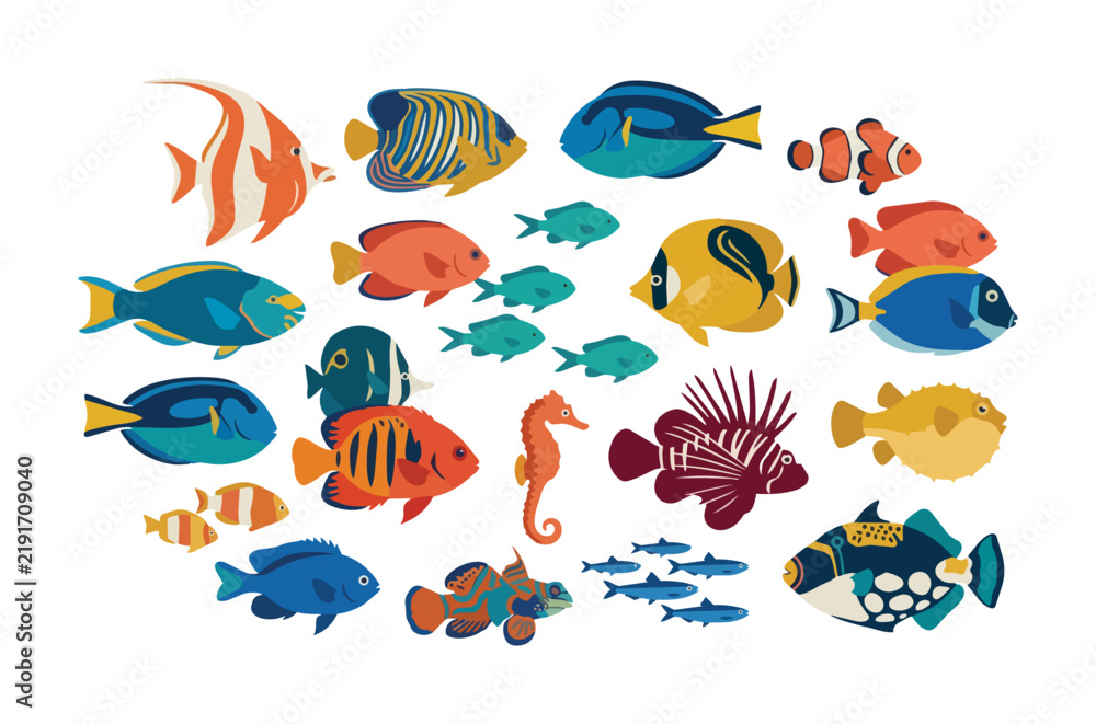 Fototapeta premium A colorful collection of diverse tropical fish illustrations on a white background.