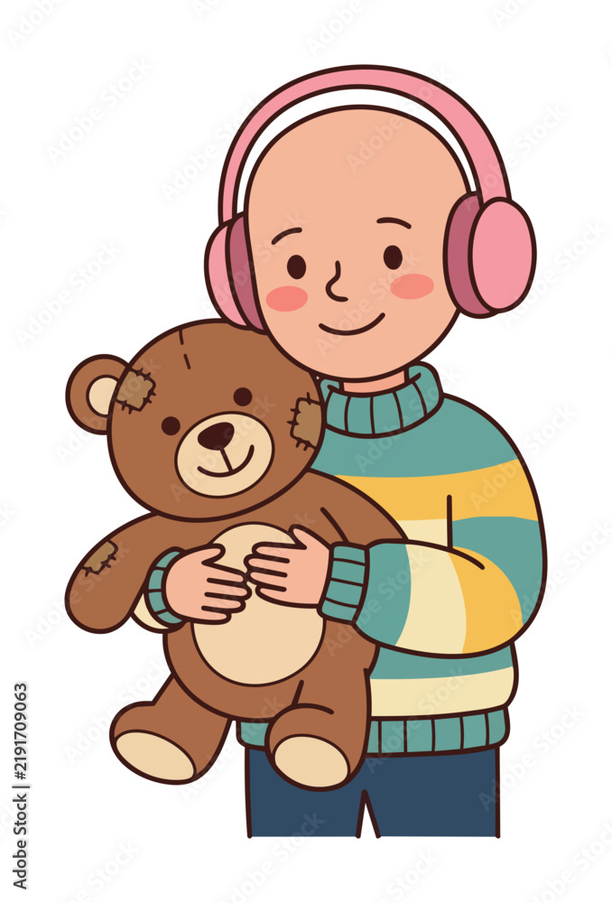 Obraz premium A smiling young child holding a brown teddy bear and wearing pink headphones.