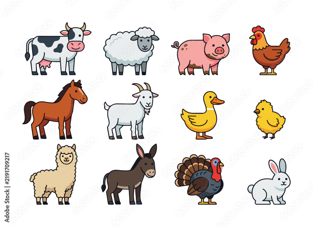 Fototapeta premium Colorful illustration of various farm animals set against a clean white background.
