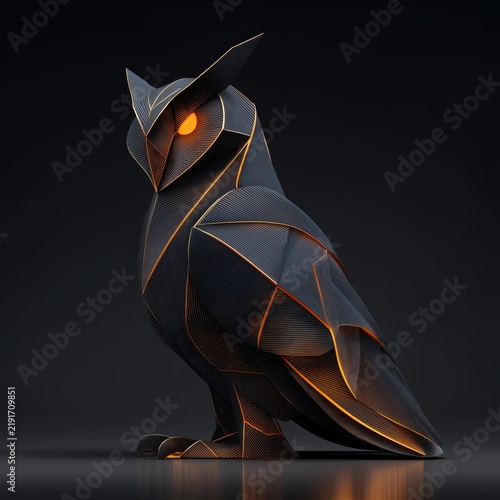 Polygonal 3D owl with glowing orange neon lines on dark background. Artificial intelligence, cyber security, data monitoring and surveillance concept