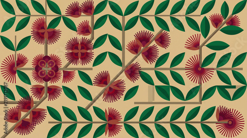 Pohutukawa flower branch pattern featuring vibrant red blossoms and lush green leaves on beige background