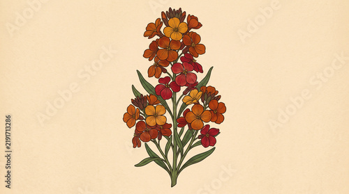 Elegant orange wallflower botanical illustration featuring detailed petals against a soft vintage paper textured cream background