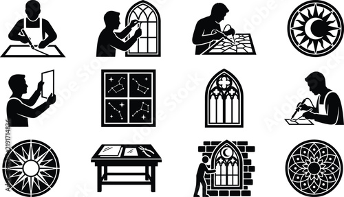 Stained Glass Artisan and Window Glazing Icon Set, Glassblower Workshop, Mosaic Crafting, Gothic Rosette and Glass Cutting Vector Silhouettes