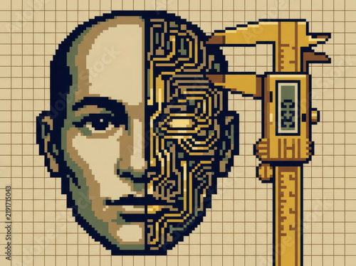 Pixel art portrait circuit board caliper measurement technology human integration cyborg evokes curiosity about precise fusion of man and machine
