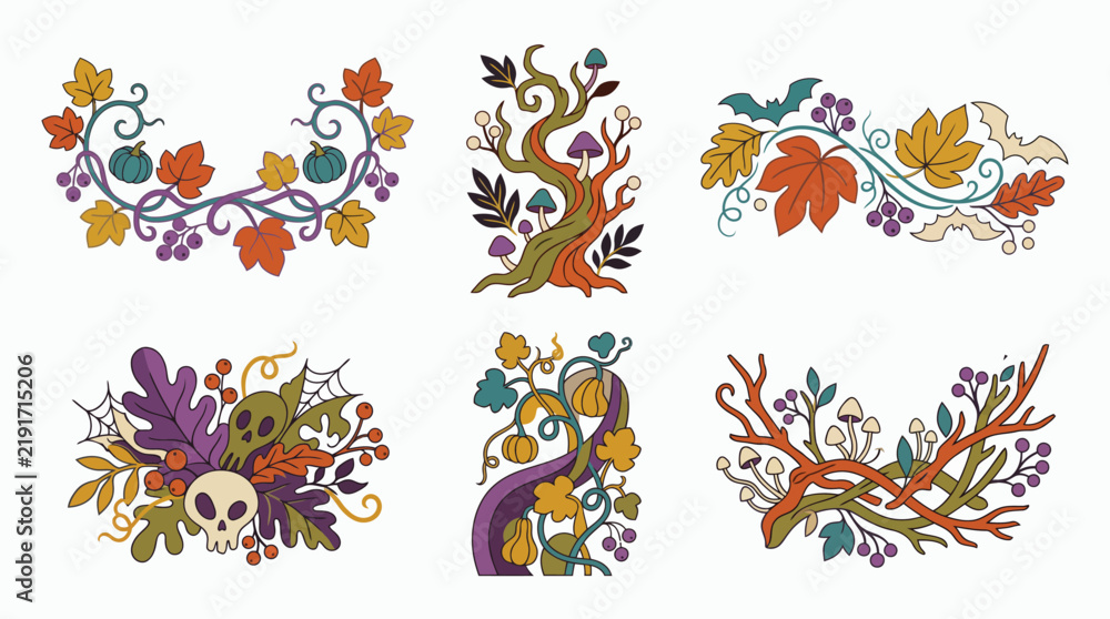 Obraz premium Whimsical Halloween decorative element set with hand-drawn skulls pumpkins and autumnal vine motifs